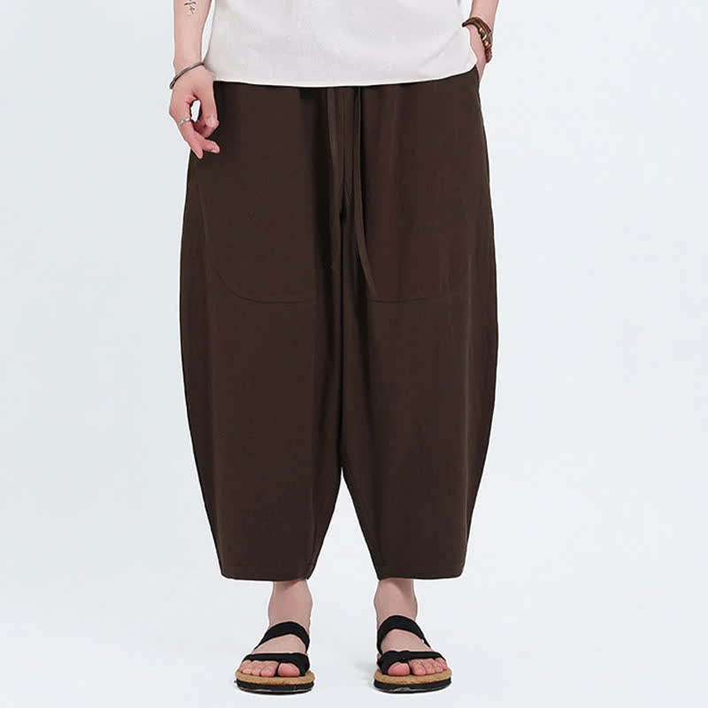 Buddha Stones Pantalon Capri d'été décontracté à cordon de serrage en coton et lin uni, style sarouel, avec poches - SaddleBrown - US/UK/AU46，EU56 (5XL) - image 7