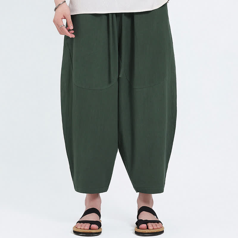 Buddha Stones Pantalon Capri d'été décontracté à cordon de serrage en coton et lin uni, style sarouel, avec poches - image 3