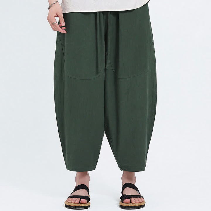 Buddha Stones Pantalon Capri d'été décontracté à cordon de serrage en coton et lin uni, style sarouel, avec poches - image 3