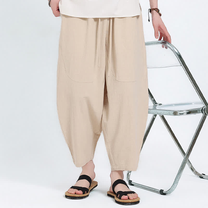 Buddha Stones Pantalon Capri d'été décontracté à cordon de serrage en coton et lin uni, style sarouel, avec poches - image 20