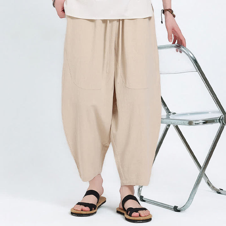 Buddha Stones Pantalon Capri d'été décontracté à cordon de serrage en coton et lin uni, style sarouel, avec poches - image 20