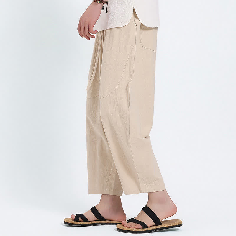 Buddha Stones Pantalon Capri d'été décontracté à cordon de serrage en coton et lin uni, style sarouel, avec poches - image 21