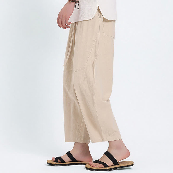 Buddha Stones Pantalon Capri d'été décontracté à cordon de serrage en coton et lin uni, style sarouel, avec poches - image 21