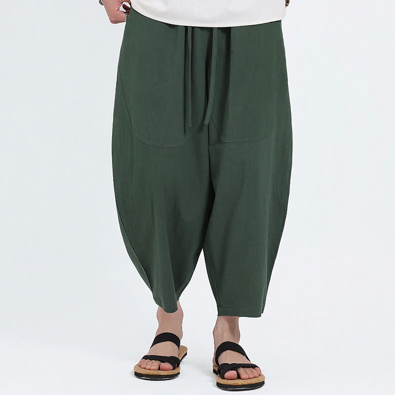 Buddha Stones Pantalon Capri d'été décontracté à cordon de serrage en coton et lin uni, style sarouel, avec poches - Vert forêt - US/UK/AU46，EU56 (5XL) - image 0