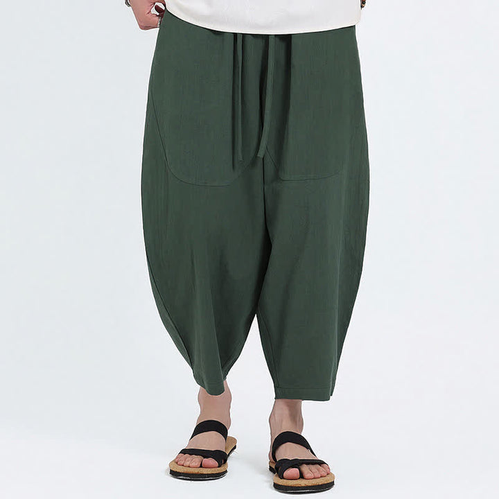 Buddha Stones Pantalon Capri d'été décontracté à cordon de serrage en coton et lin uni, style sarouel, avec poches - Vert forêt - US/UK/AU46，EU56 (5XL) - image 0