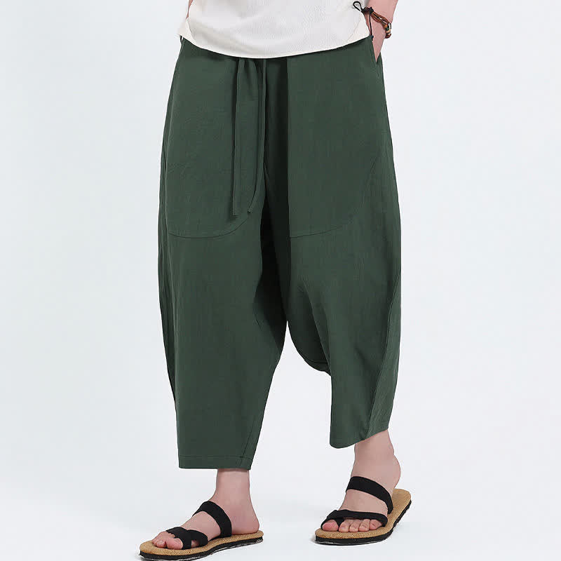 Buddha Stones Pantalon Capri d'été décontracté à cordon de serrage en coton et lin uni, style sarouel, avec poches - image 2
