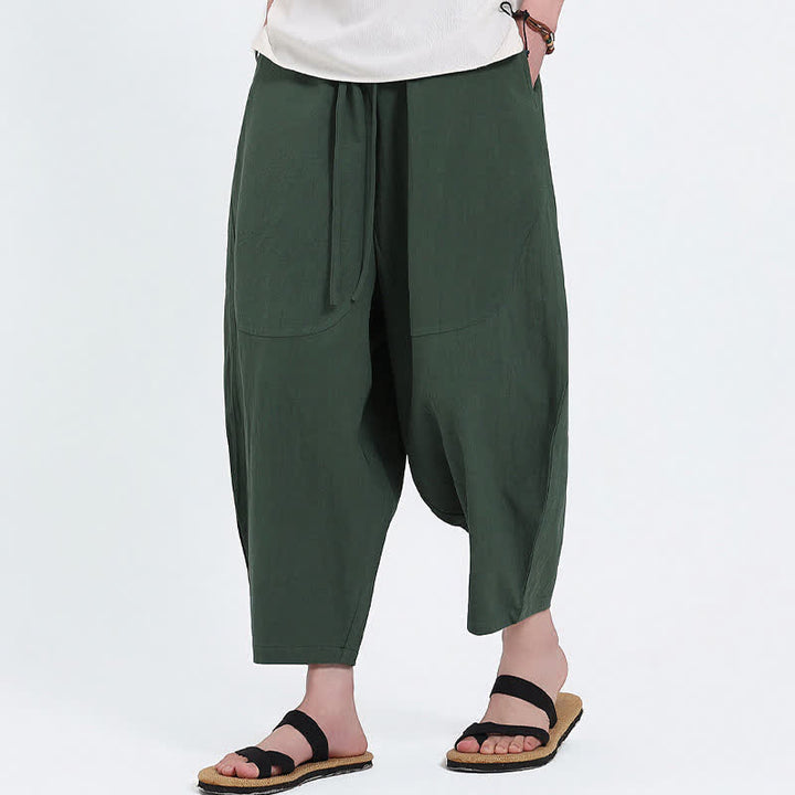Buddha Stones Pantalon Capri d'été décontracté à cordon de serrage en coton et lin uni, style sarouel, avec poches - image 2