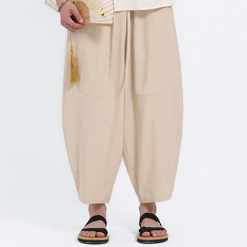 Buddha Stones Pantalon Capri d'été décontracté à cordon de serrage en coton et lin uni, style sarouel, avec poches - image 19