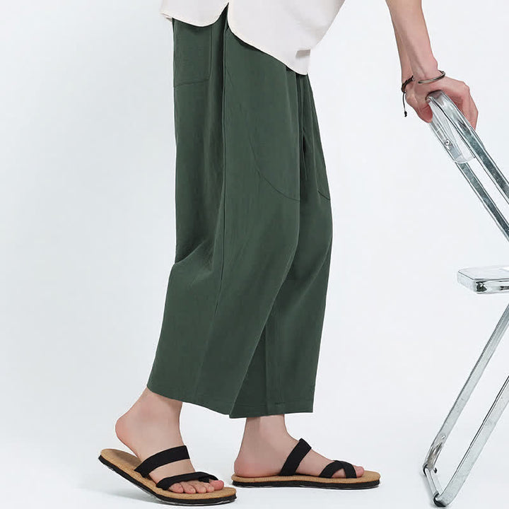 Buddha Stones Pantalon Capri d'été décontracté à cordon de serrage en coton et lin uni, style sarouel, avec poches - image 5