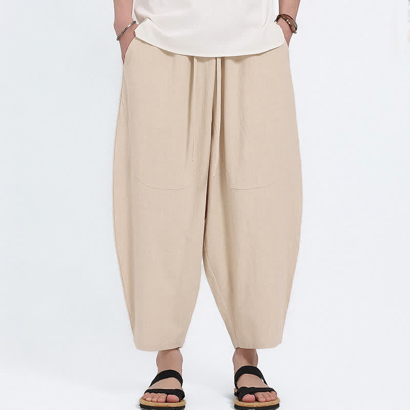 Buddha Stones Pantalon Capri d'été décontracté à cordon de serrage en coton et lin uni, style sarouel, avec poches - image 22