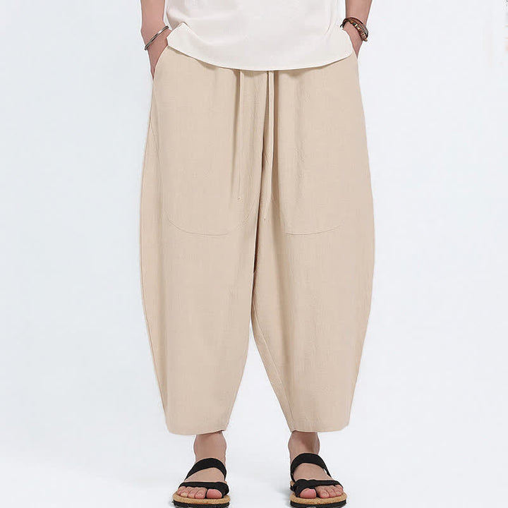 Buddha Stones Pantalon Capri d'été décontracté à cordon de serrage en coton et lin uni, style sarouel, avec poches - image 22