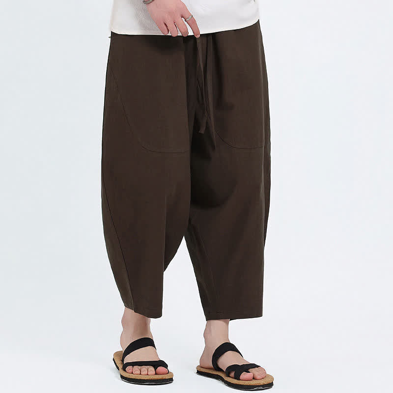 Buddha Stones Pantalon Capri d'été décontracté à cordon de serrage en coton et lin uni, style sarouel, avec poches - image 8