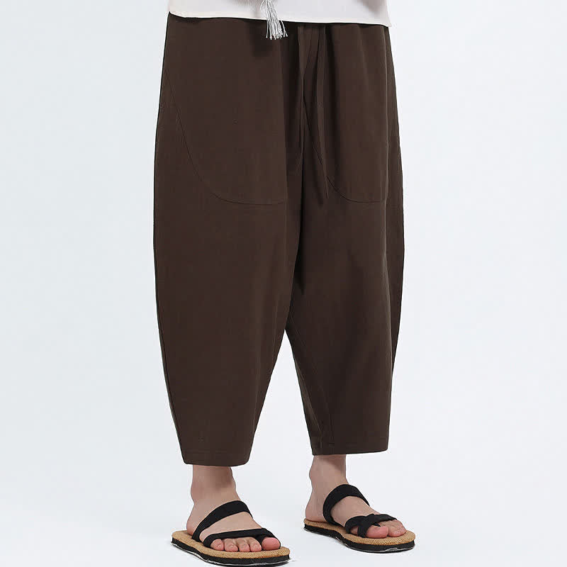 Buddha Stones Pantalon Capri d'été décontracté à cordon de serrage en coton et lin uni, style sarouel, avec poches - image 9