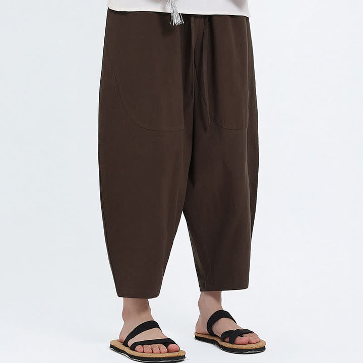 Buddha Stones Pantalon Capri d'été décontracté à cordon de serrage en coton et lin uni, style sarouel, avec poches - image 9