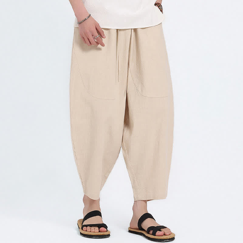 Buddha Stones Pantalon Capri d'été décontracté à cordon de serrage en coton et lin uni, style sarouel, avec poches - image 23