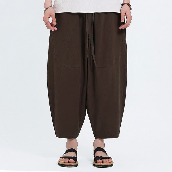 Buddha Stones Pantalon Capri d'été décontracté à cordon de serrage en coton et lin uni, style sarouel, avec poches - image 11