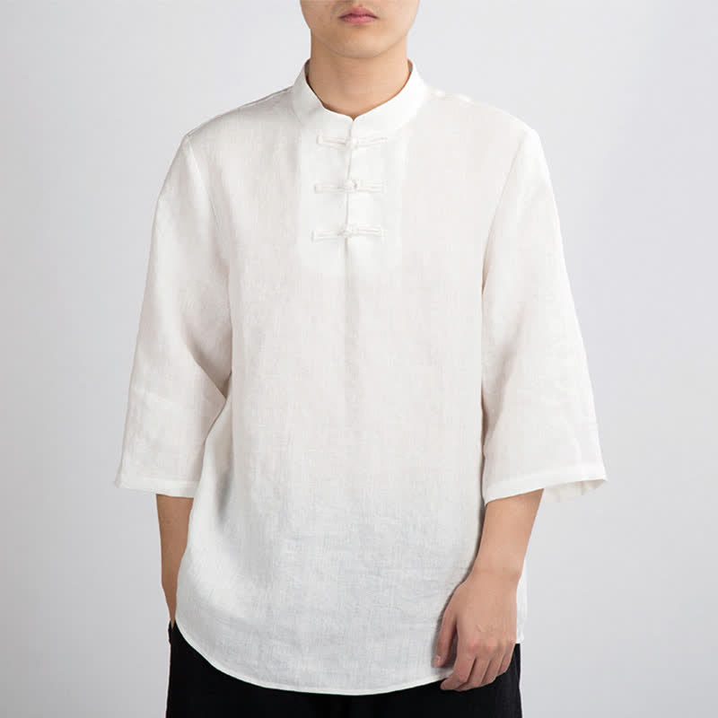 Buddha Stones Chemises d'été pour hommes, col mandarin, boutons brandebourg, manches trois-quarts, couleur unie - Blanc - US/UK/AU46，EU56 (4XL) - image 6
