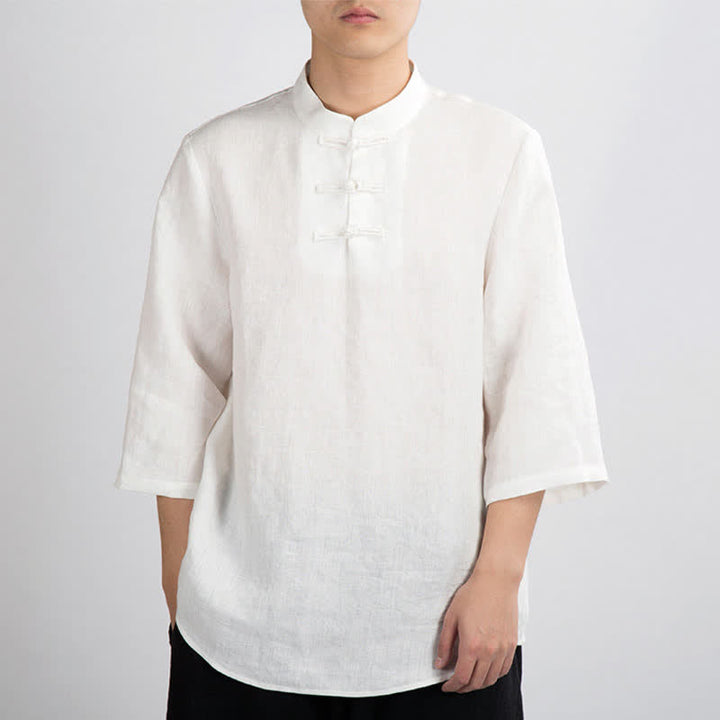 Buddha Stones Chemises d'été pour hommes, col mandarin, boutons brandebourg, manches trois-quarts, couleur unie - Blanc - US/UK/AU46，EU56 (4XL) - image 6