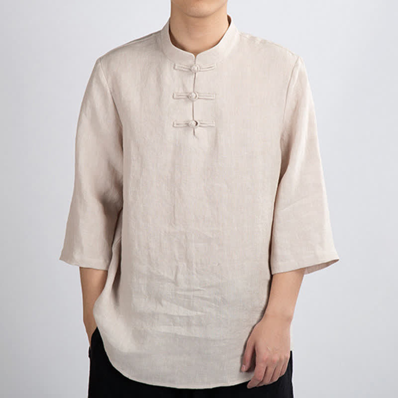 Buddha Stones Chemises d'été pour hommes, col mandarin, boutons brandebourg, manches trois-quarts, couleur unie - Lin - US/UK/AU46，EU56 (4XL) - image 0