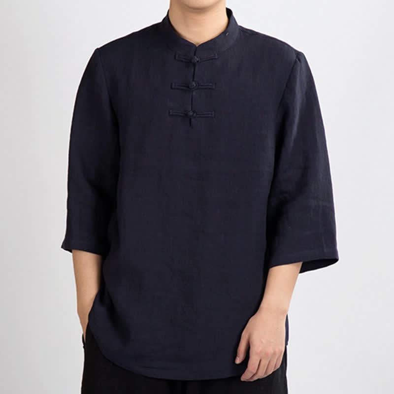 Buddha Stones Chemises d'été pour hommes, col mandarin, boutons brandebourg, manches trois-quarts, couleur unie - Bleu nuit - US/UK/AU46，EU56 (4XL) - image 9