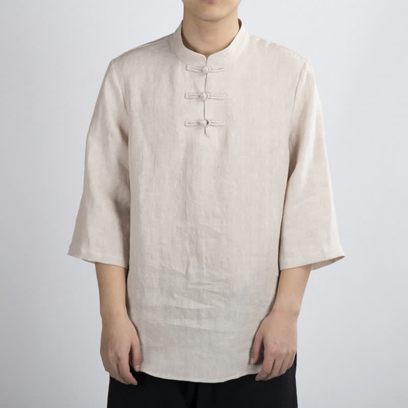Buddha Stones Chemises d'été pour hommes, col mandarin, boutons brandebourg, manches trois-quarts, couleur unie - image 2
