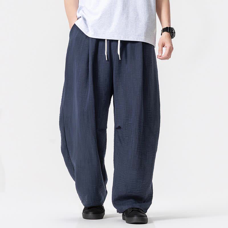 Buddha Stones Pantalon long uni à cordon de serrage et poches, style minimaliste décontracté printemps-été, coupe droite, avec poches - Bleu nuit - US/UK/AU46，EU56 (5XL) - image 0