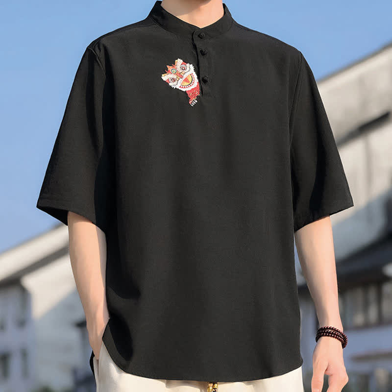 Buddha Stones Chemises à manches courtes pour hommes, style Tang, col mandarin brodé, couleur unie, été - image 1