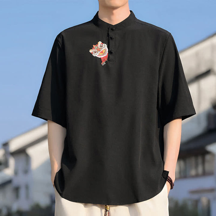 Buddha Stones Chemises à manches courtes pour hommes, style Tang, col mandarin brodé, couleur unie, été - Noir - US/UK/AU46, EU56 (5XL) - image 0