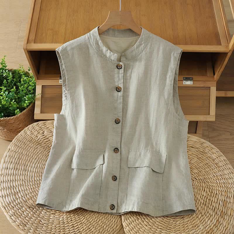 Buddha Stones Débardeur d'été minimaliste à col mandarin boutonné, style Tang, avec poche - Beige - US12, UK/AU16, EU44 (2XL) - image 0