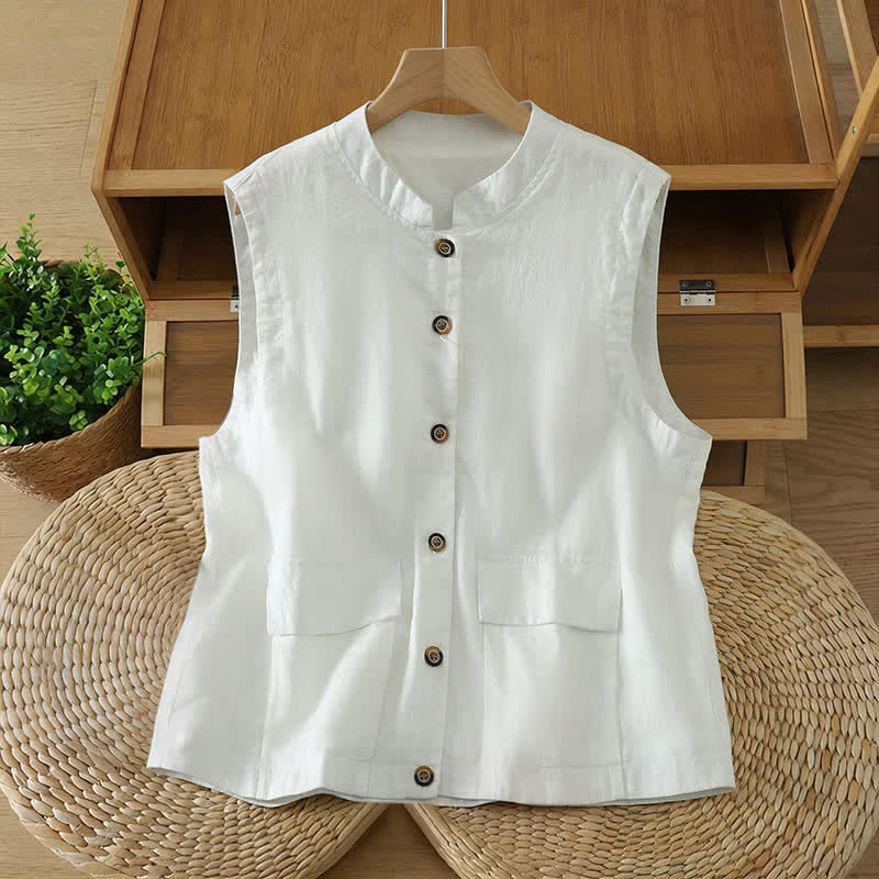 Buddha Stones Débardeur d'été minimaliste à col mandarin boutonné, style Tang, avec poche - Blanc - US12, UK/AU16, EU44 (2XL) - image 14
