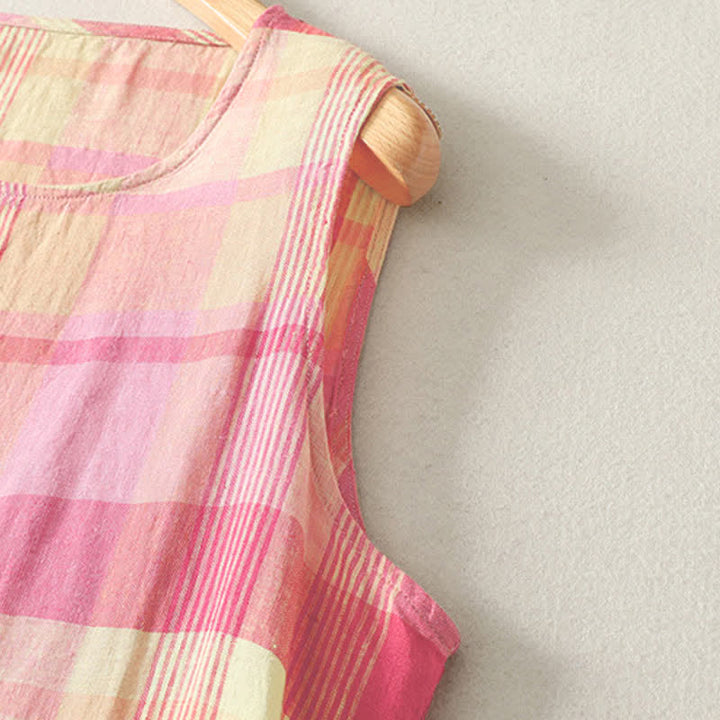 Buddha Stones Robe d'été décontractée à carreaux vintage pour femme, sans manches et avec poches - image 2