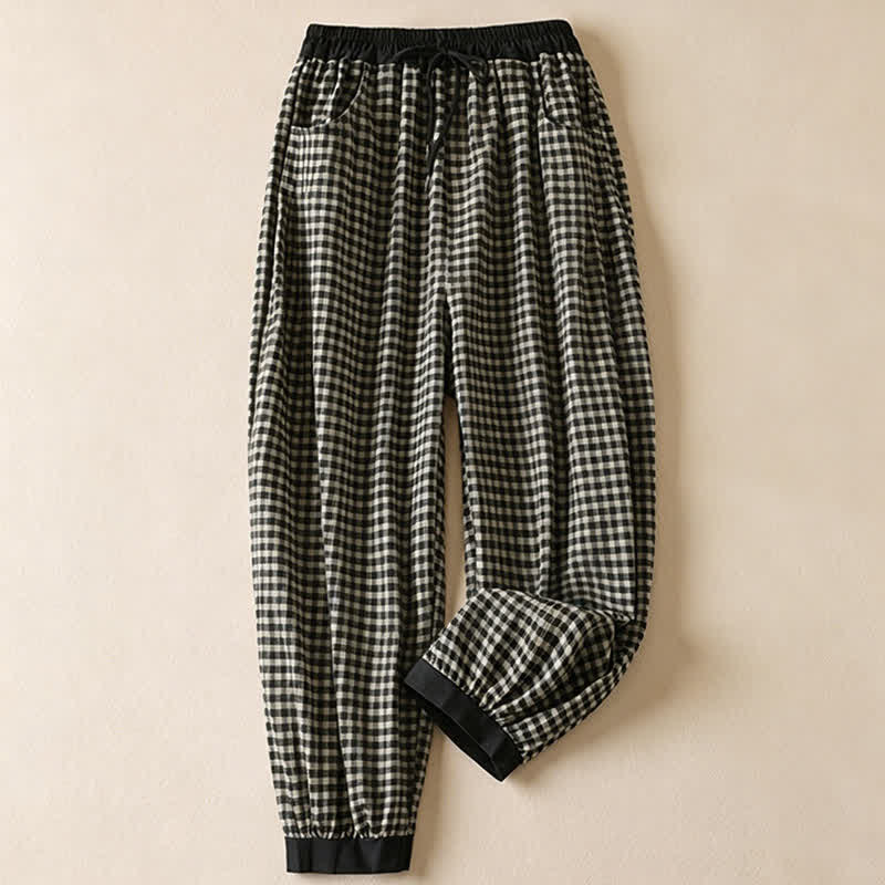 Buddha Stones Pantalon sarouel court à carreaux minimaliste et décontracté d'été avec cordon de serrage et poches - Blanc - US8-10, UK/AU12-14, EU40-42 (2XL) - image 0