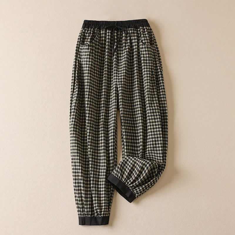 Buddha Stones Pantalon sarouel court à carreaux minimaliste et décontracté d'été avec cordon de serrage et poches - image 1