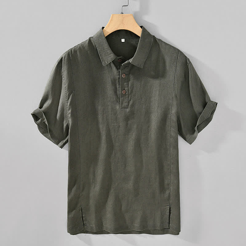 Buddha Stones Chemises à manches courtes pour hommes, style minimaliste décontracté d'été, en lin uni, à boutons. - Vert olive foncé - US/UK/AU44，EU54 (4XL) - image 18