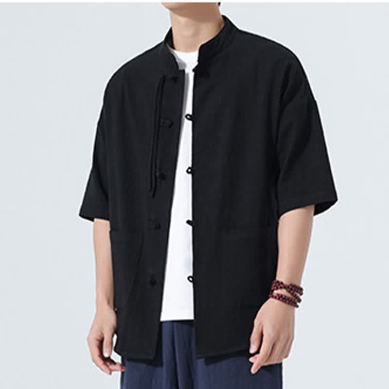 Buddha Stones Chemise d'été décontractée pour homme, style Tang, col mandarin, boutons brandebourg, manches trois-quarts, avec poche - image 13