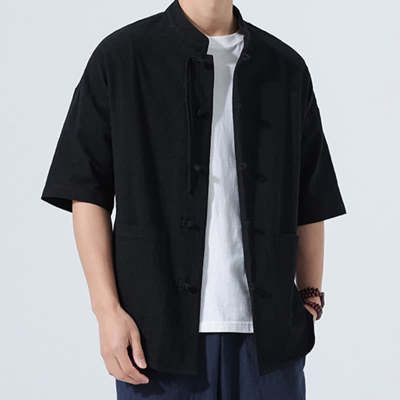 Buddha Stones Chemise d'été décontractée pour homme, style Tang, col mandarin, boutons brandebourg, manches trois-quarts, avec poche - Noir - US/UK/AU46，EU56 (5XL) - image 7