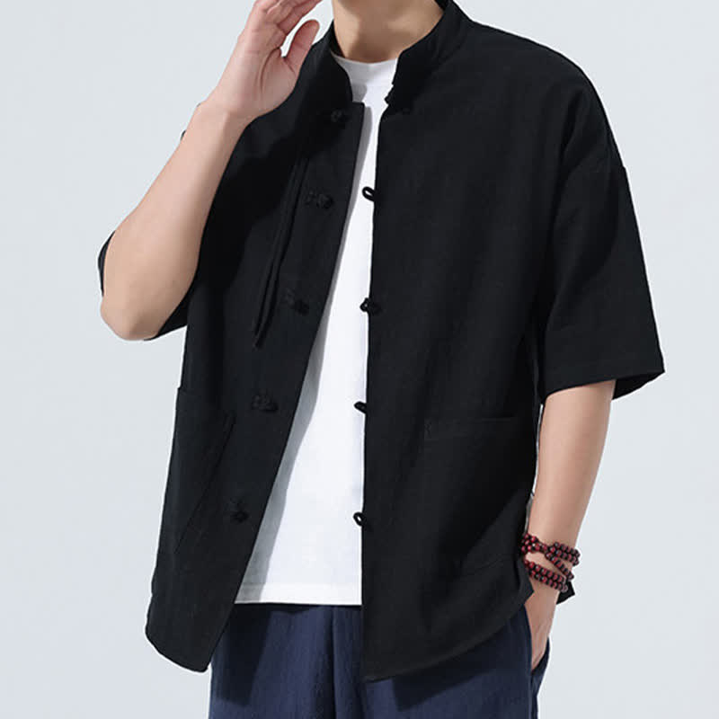 Buddha Stones Chemise d'été décontractée pour homme, style Tang, col mandarin, boutons brandebourg, manches trois-quarts, avec poche - image 12