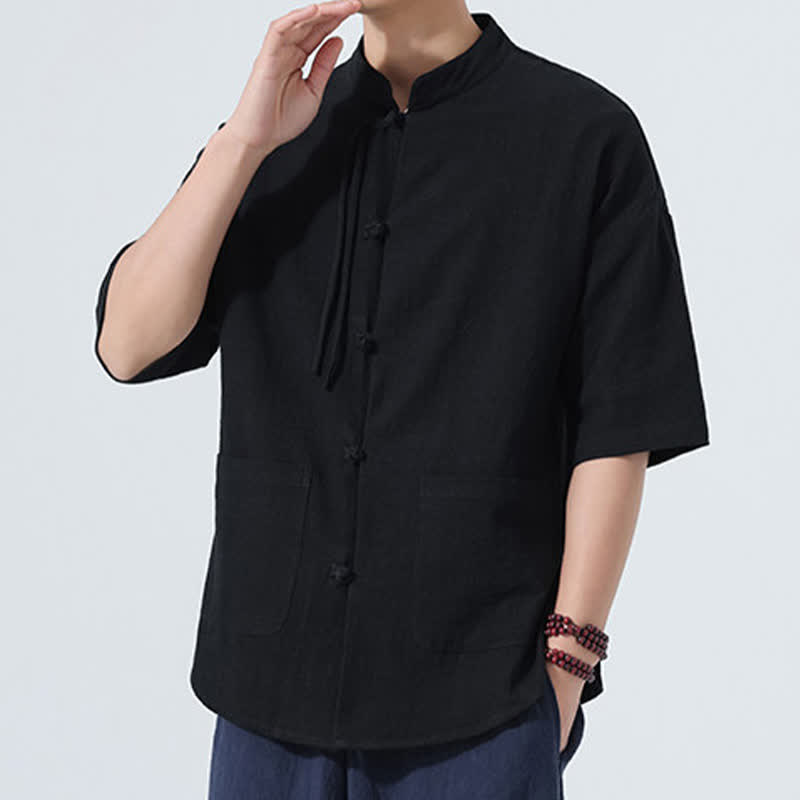 Buddha Stones Chemise d'été décontractée pour homme, style Tang, col mandarin, boutons brandebourg, manches trois-quarts, avec poche - image 10