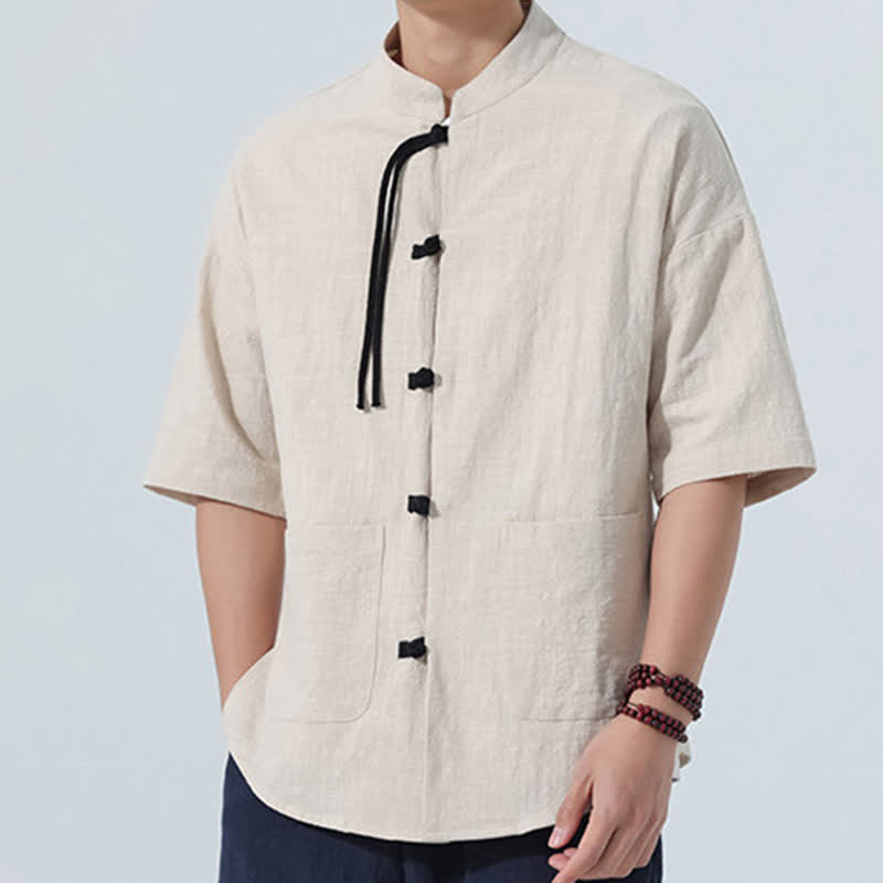 Buddha Stones Chemise d'été décontractée pour homme, style Tang, col mandarin, boutons brandebourg, manches trois-quarts, avec poche - image 16