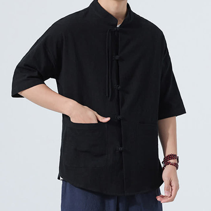 Buddha Stones Chemise d'été décontractée pour homme, style Tang, col mandarin, boutons brandebourg, manches trois-quarts, avec poche - image 9