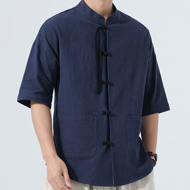 Buddha Stones Chemise d'été décontractée pour homme, style Tang, col mandarin, boutons brandebourg, manches trois-quarts, avec poche - image 6