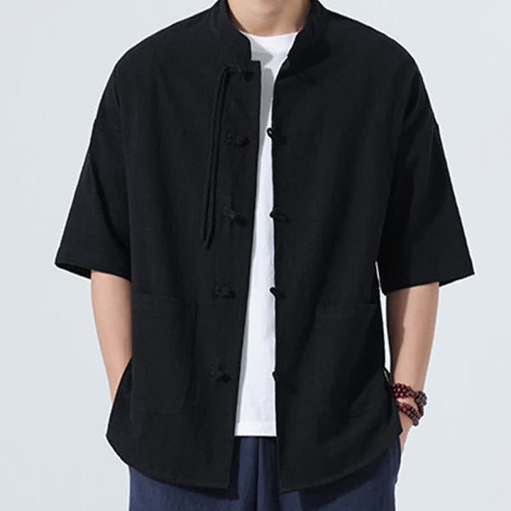 Buddha Stones Chemise d'été décontractée pour homme, style Tang, col mandarin, boutons brandebourg, manches trois-quarts, avec poche - image 11