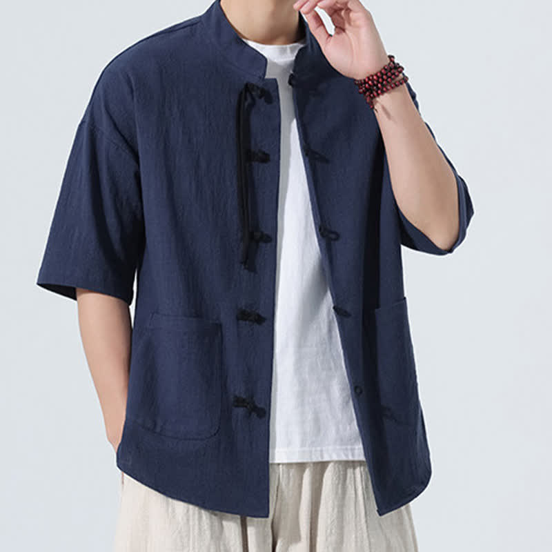 Buddha Stones Chemise d'été décontractée pour homme, style Tang, col mandarin, boutons brandebourg, manches trois-quarts, avec poche - image 2