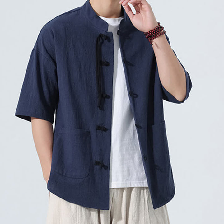 Buddha Stones Chemise d'été décontractée pour homme, style Tang, col mandarin, boutons brandebourg, manches trois-quarts, avec poche - image 2