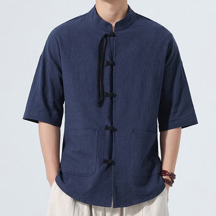 Buddha Stones Chemise d'été décontractée pour homme, style Tang, col mandarin, boutons brandebourg, manches trois-quarts, avec poche - image 1