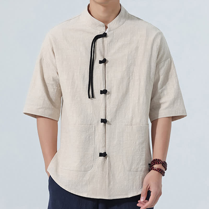 Buddha Stones Chemise d'été décontractée pour homme, style Tang, col mandarin, boutons brandebourg, manches trois-quarts, avec poche - image 19