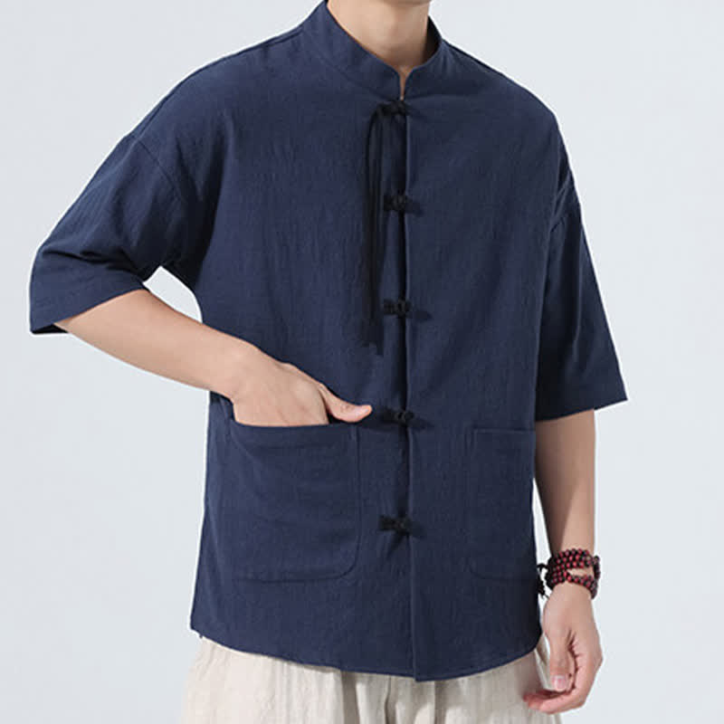 Buddha Stones Chemise d'été décontractée pour homme, style Tang, col mandarin, boutons brandebourg, manches trois-quarts, avec poche - image 5