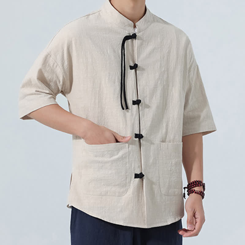 Buddha Stones Chemise d'été décontractée pour homme, style Tang, col mandarin, boutons brandebourg, manches trois-quarts, avec poche - image 17