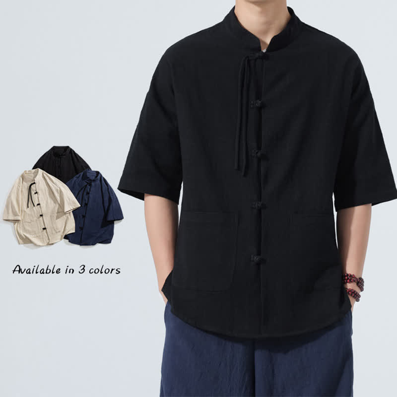 Buddha Stones Chemise d'été décontractée pour homme, style Tang, col mandarin, boutons brandebourg, manches trois-quarts, avec poche - image 8