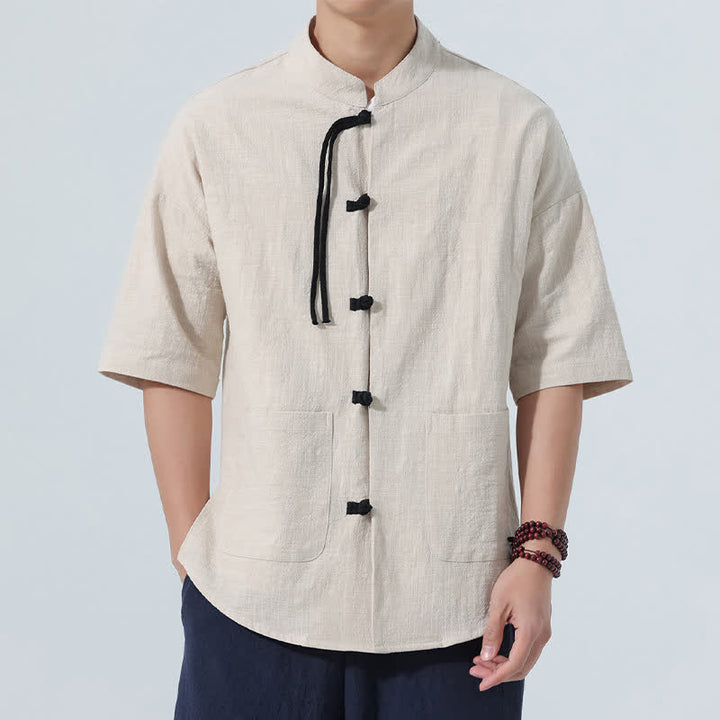 Buddha Stones Chemise d'été décontractée pour homme, style Tang, col mandarin, boutons brandebourg, manches trois-quarts, avec poche - Lin - US/UK/AU46，EU56 (5XL) - image 14